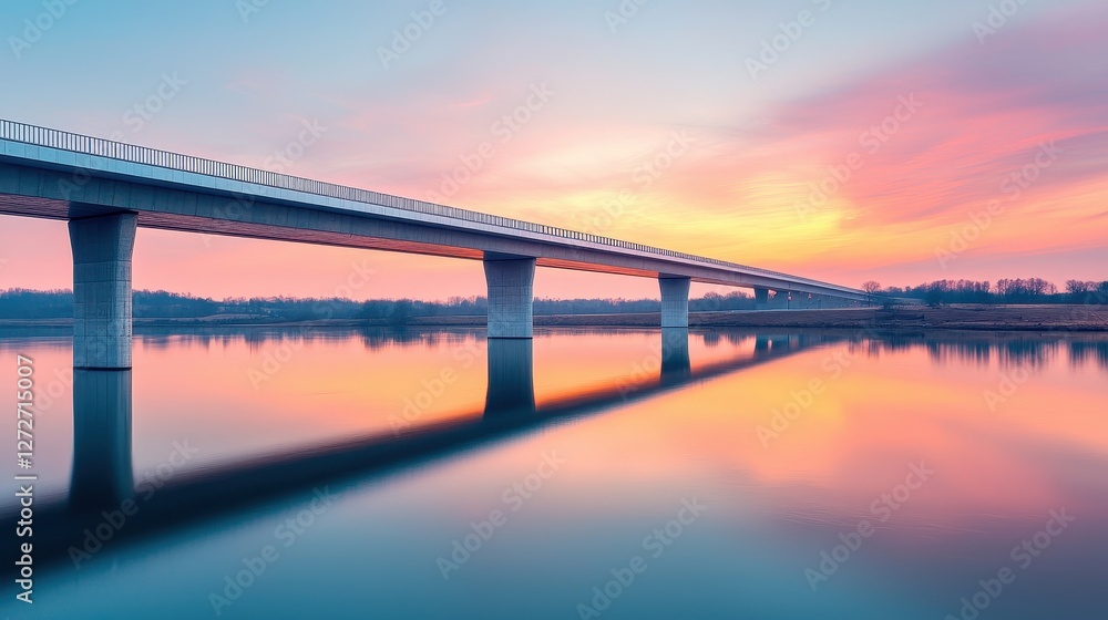 Fototapeta premium A stunning sunset reflects on calm waters under a modern bridge, showcasing a harmonious blend of nature and architecture.