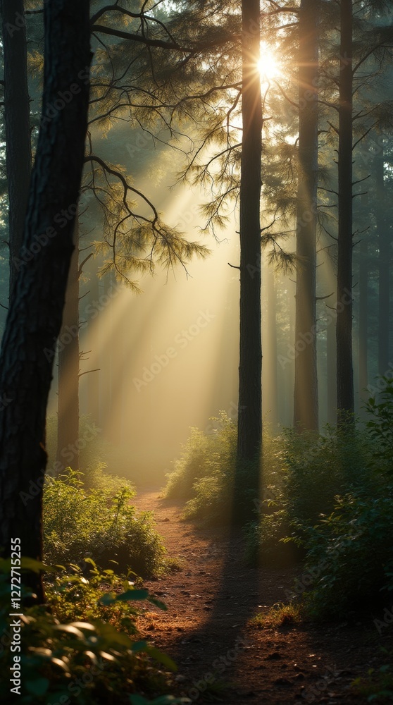 Fototapeta premium Morning light filtering through tree branches, casting long shadows on the ground, peaceful and quiet forest scene