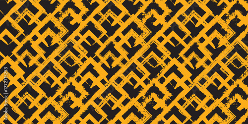 Yellow hexagon shapes seamless pattern. Hand drawn geometric texture with rough grunge honeycomb. eps10.