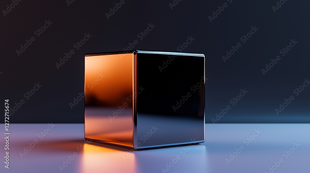 Reflective Cube with Metallic Finish and Gradient Lighting on Textured Surface Reflective Cube with Metallic Finish and Gradient Lighting on Textured Surface