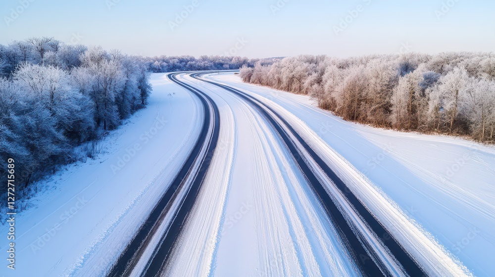 A serene winter landscape featuring a winding road surrounded by snow-covered trees, capturing the beauty of a frosty morning.