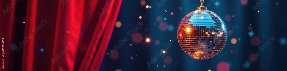 Obraz premium Sparkling disco ball with a gold chain hanging from a velvet curtain, shine, curtain, velvet