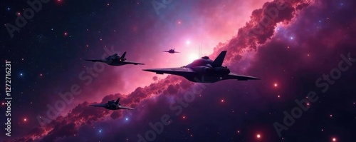 Spaceships in formation fly through nebulae and star clusters, nebulas, glowing lights, fleet