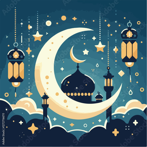 A flat vector design of a crescent moon with stars and hanging lanterns, signifying the beginning of Ramadan