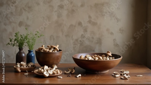 Wallpaper Mural A Rustic Still Life Featuring Harvested Mushrooms in Wooden Bowls and Simple Vases Torontodigital.ca