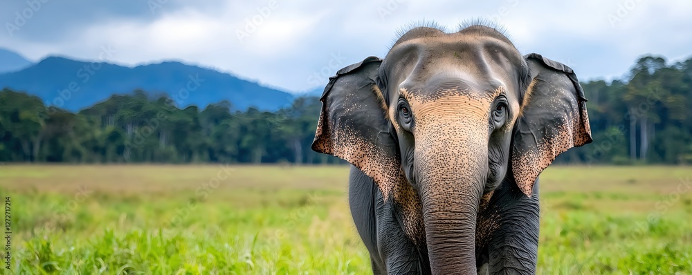 Fototapeta premium Majestic Elephant in Natural Habitat Surrounded by Lush Landscape