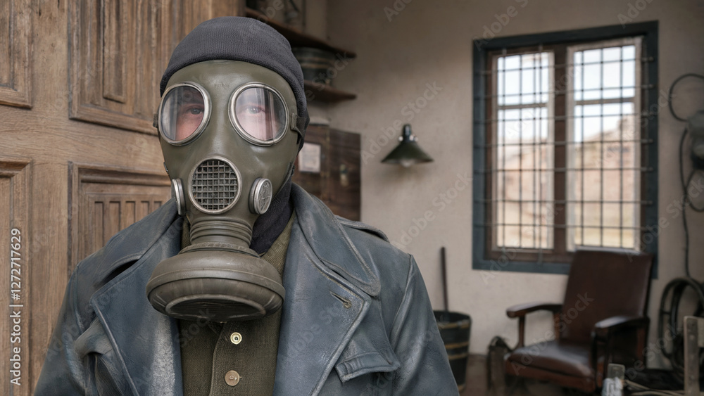 Man Wearing a Gas Mask in a Dark Room Man Wearing a Gas Mask in a Dark Room
