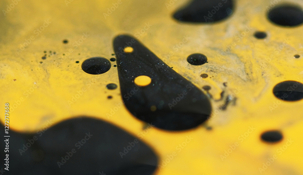 Blur spray blob. Fuel drop. Defocused yellow black color shiny glowing particles viscous oil spill drip texture paint ink water mix on abstract art background. Blur spray blob. Fuel drop. Defocused yellow black color shiny glowing particles viscous oil spill drip texture paint ink water mix on abstract art background.