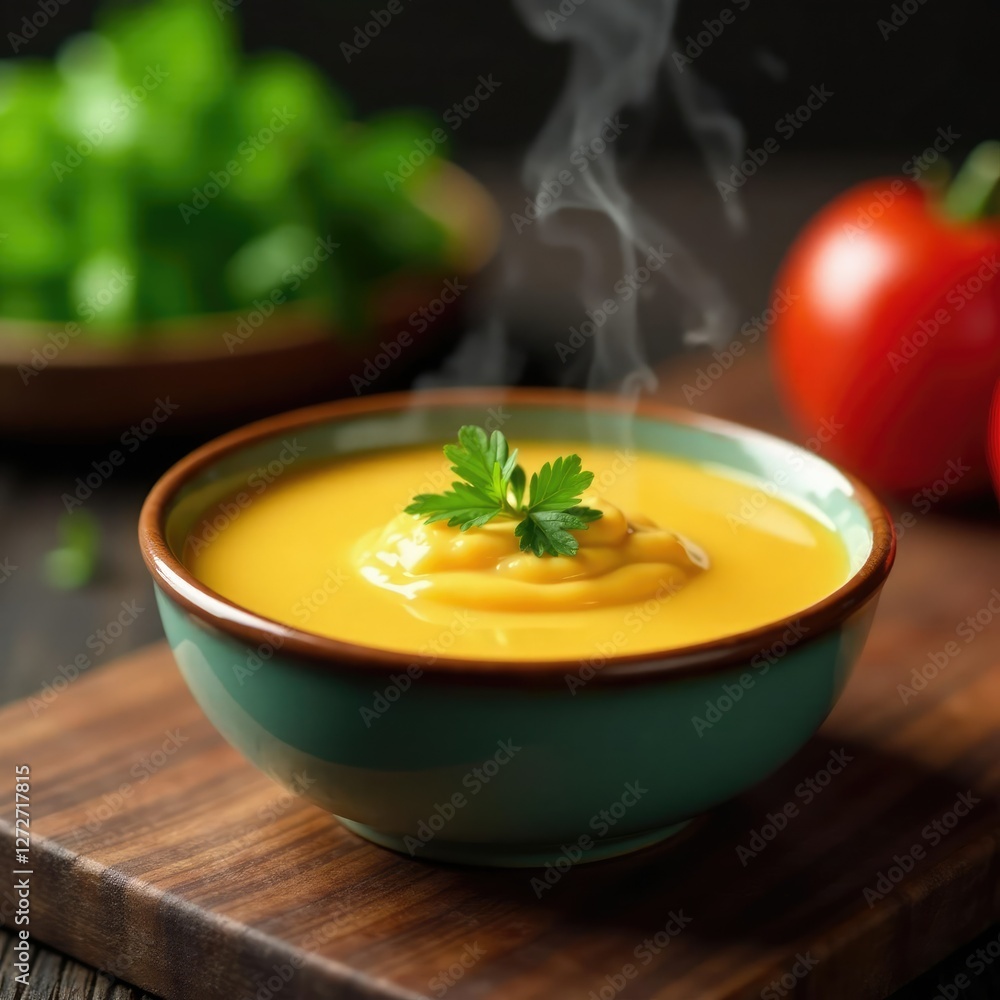 Steaming hot cheese sauce in a small ceramic dish, ceramic, hot Steaming hot cheese sauce in a small ceramic dish, ceramic, hot