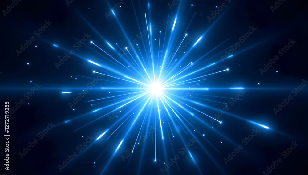 Naklejka premium A vivid blue energy flare with a glowing core, emitting sharp radial beams and subtle halo effects on a deep black background. Ideal for futuristic designs, sci-fi themes, and digital overlays.