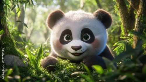 Adorable Baby Panda Hiding In Lush Green Forest photo