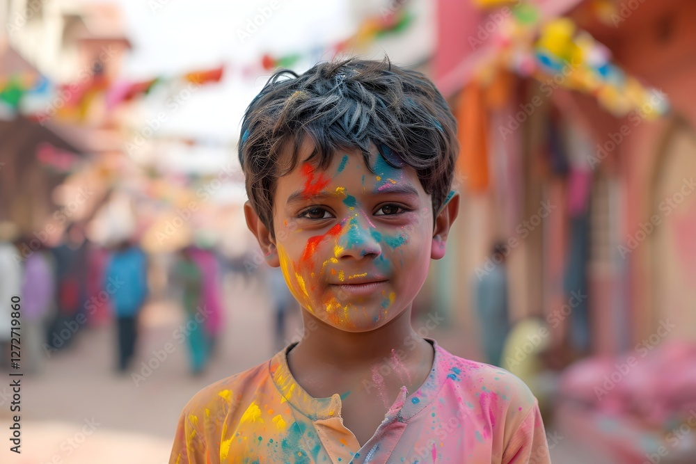 Fototapeta premium Young boy with colorful powder on face during Holi festival celebration in India. Joyful child with painted cheeks smiling at camera. Traditional Hindu spring event.