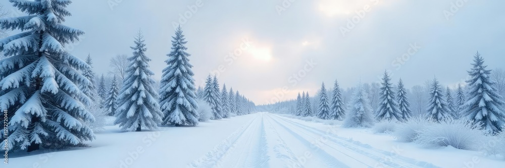 The snow-covered trees stretch towards the grey sky, frosty trees, wintry scene The snow-covered trees stretch towards the grey sky, frosty trees, wintry scene