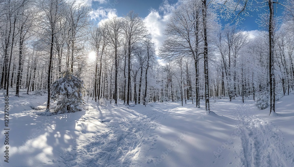 Obraz premium Winter Wonderland: Snow-Covered Trees & Sunlit Path in a Forest, a Serene Winter Escape