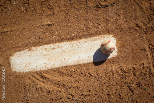 Baseball and pitcher mound on dirt ball field photo