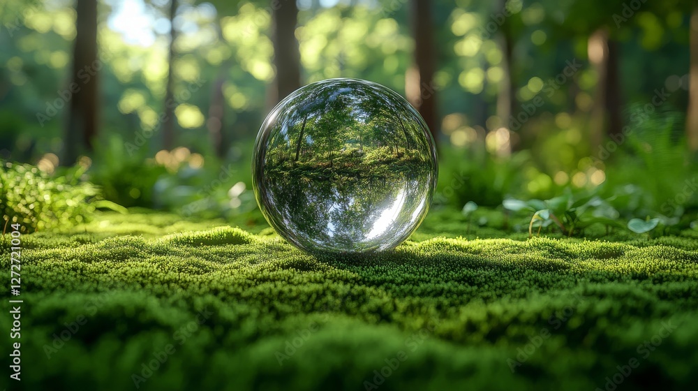 Crystal Ball Reflecting Serene Forest in Mossy Landscape Crystal Ball Reflecting Serene Forest in Mossy Landscape