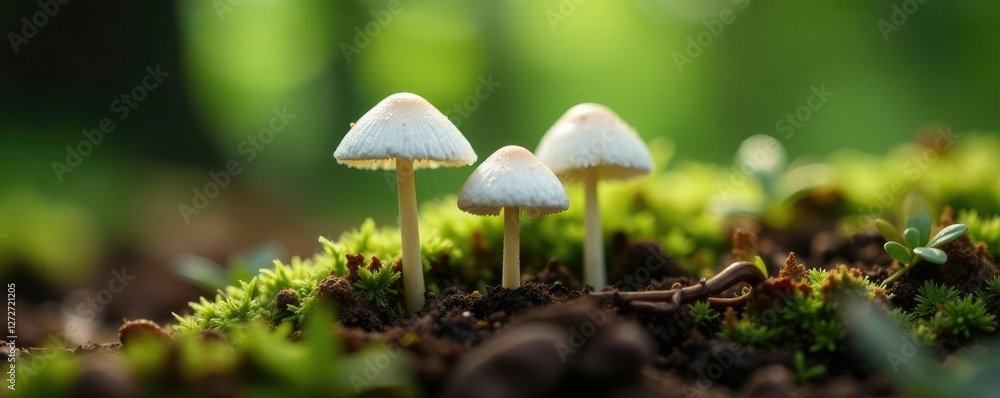 Fototapeta premium Tiny white mushrooms sprouting from the soil like tiny stars in the forest ground, forest life, wild, woods