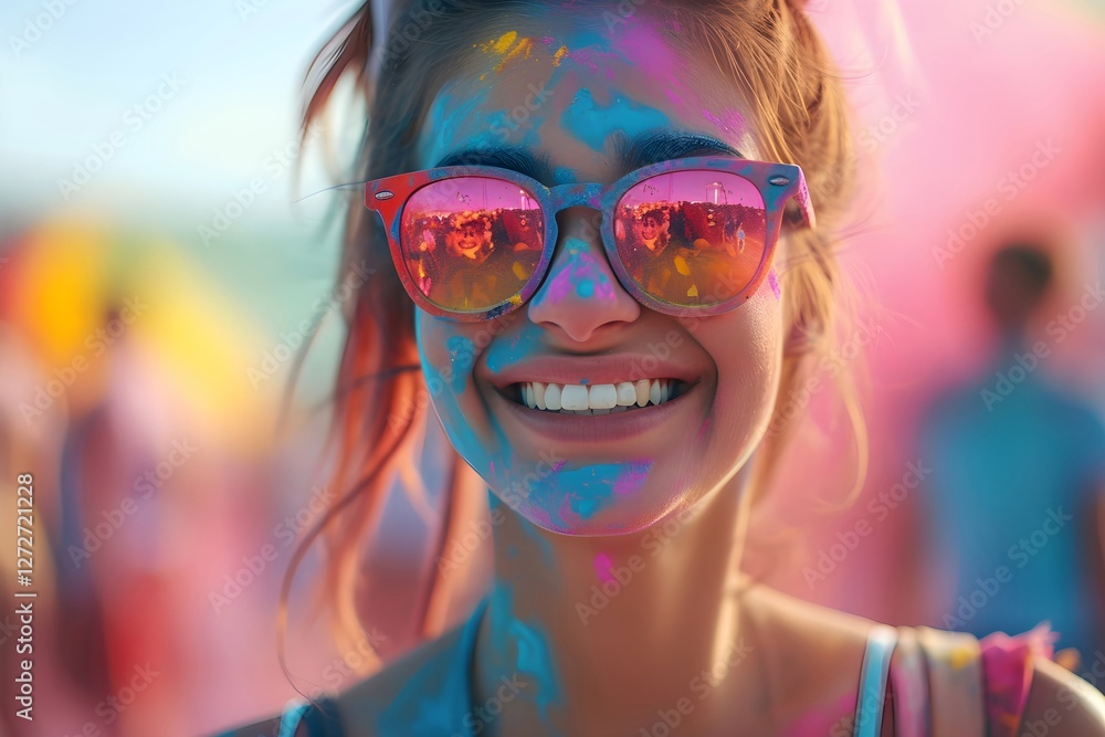 Woman with sunglasses reflecting colorful festival scene. Summer music event portrait with neon lighting. Joyful female attendee enjoying outdoor concert or party. Woman with sunglasses reflecting colorful festival scene. Summer music event portrait with neon lighting. Joyful female attendee enjoying outdoor concert or party.