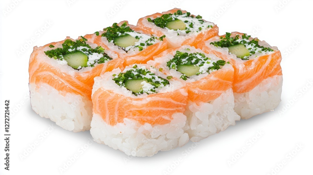 Delicious sushi rolls with fresh salmon and cucumber, set on a clean white background Delicious sushi rolls with fresh salmon and cucumber, set on a clean white background