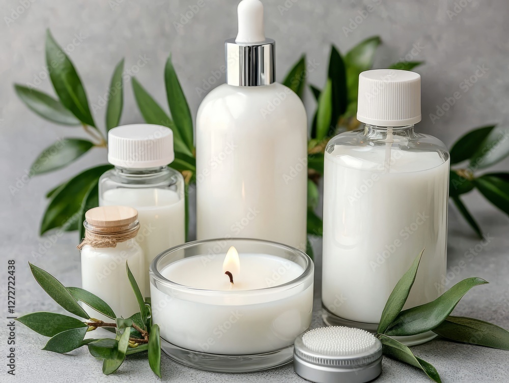 Elegant arrangement of skincare products and a candle surrounded by greenery Elegant arrangement of skincare products and a candle surrounded by greenery