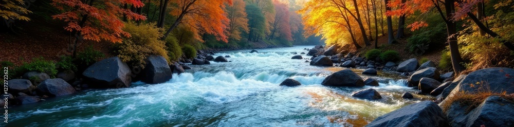 Turbulent river rushing through dense autumn foliage, rock, color Turbulent river rushing through dense autumn foliage, rock, color