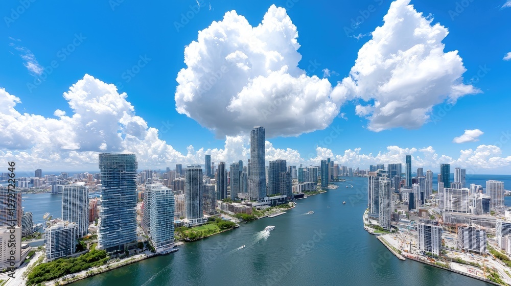 Miami Skyline Aerial View with Clouds and Waterway. Possible use Stock photo for travel, real estate, city guides, or tourism Miami Skyline Aerial View with Clouds and Waterway. Possible use Stock photo for travel, real estate, city guides, or tourism