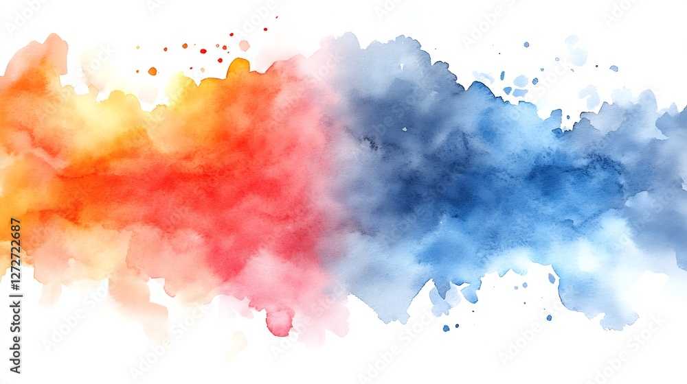Obraz premium Vibrant watercolor wash blends warm oranges and cool blues seamlessly. AI Generated