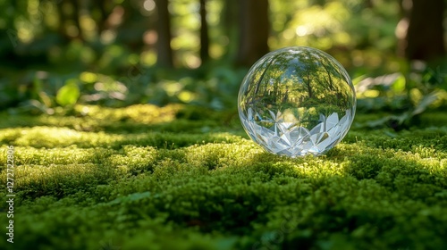 Crystal Ball Reflecting Tranquil Forest on Mossy Ground
