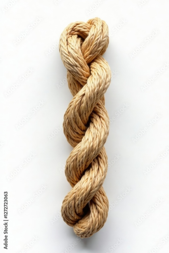 Twisted brown rope fragment on white background, beige, rope, strand Twisted brown rope fragment on white background, beige, rope, strand