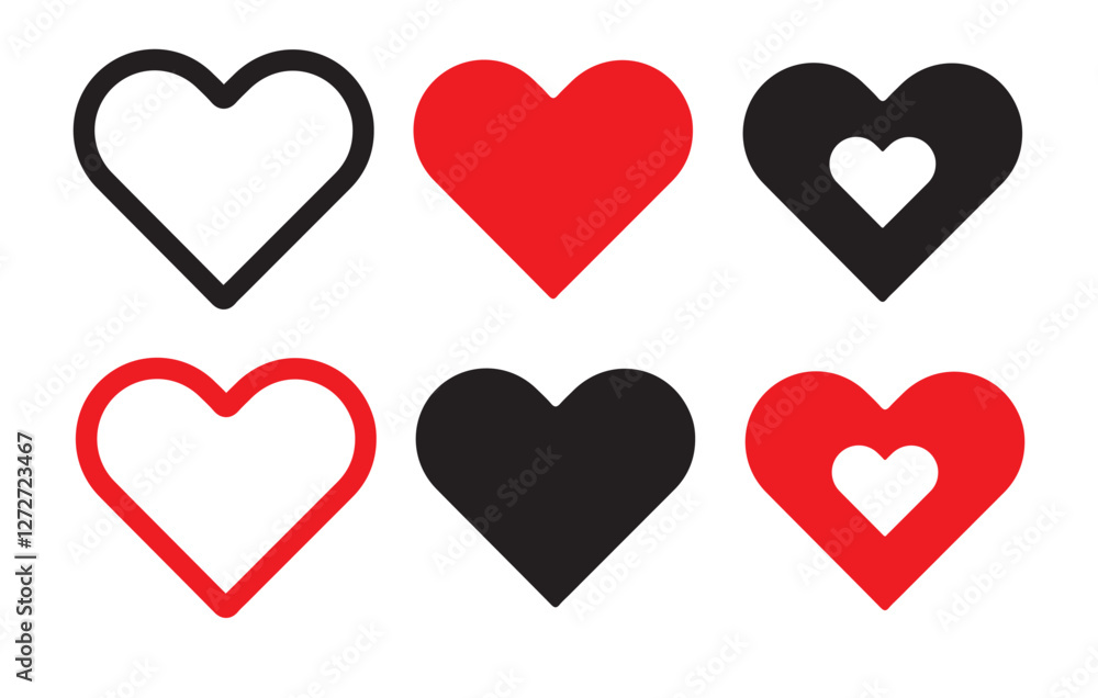 Black and red Heart, love, romance or valentine's day red heart. Set of hearts in red color, Red heart like Button icons set vector Eps 10 Black and red Heart, love, romance or valentine's day red heart. Set of hearts in red color, Red heart like Button icons set vector Eps 10