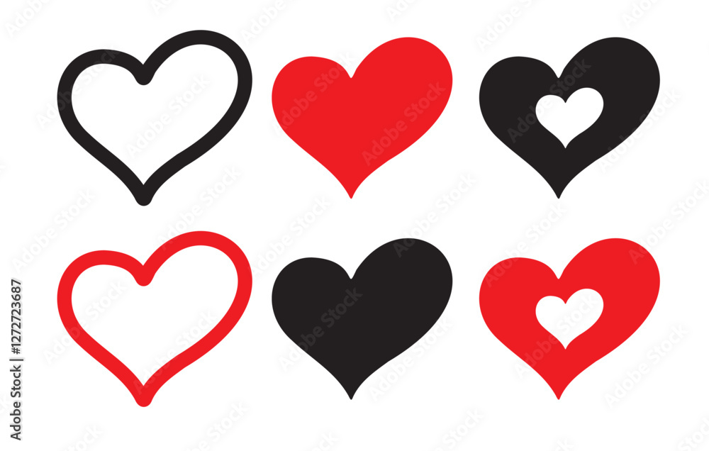 Black and red Heart, love, romance or valentine's day red heart. Set of hearts in red color, Red heart like Button icons set vector Eps 10 Black and red Heart, love, romance or valentine's day red heart. Set of hearts in red color, Red heart like Button icons set vector Eps 10