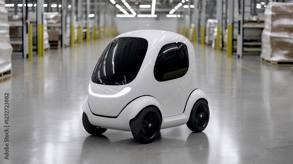 Obraz premium White electric car in warehouse, automated transport