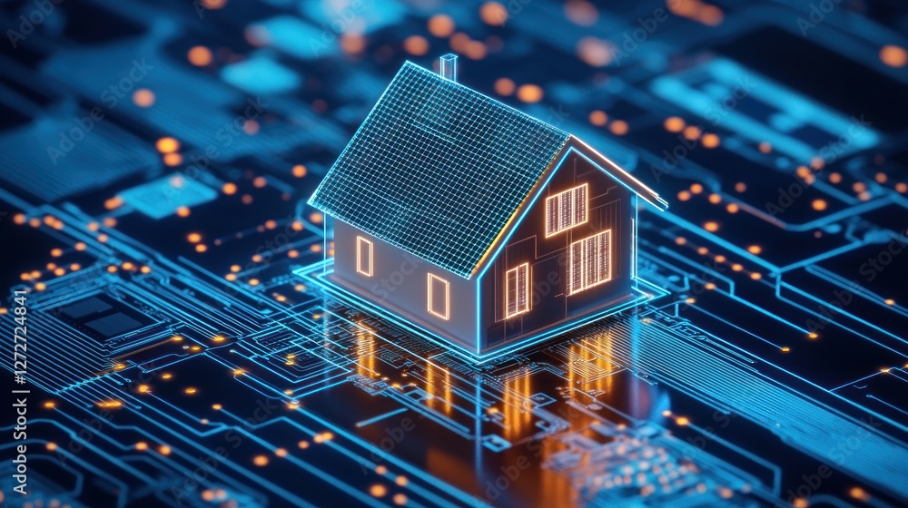 Digital house model on a circuit board background. Digital house model on a circuit board background.