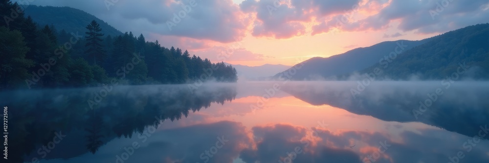 Obraz premium Water reflected in a misty lake on a cloudy evening, peaceful, serene
