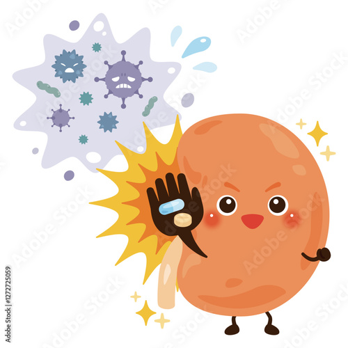 細菌を薬剤で治療して元気になる腎臓のキャラクターイラスト