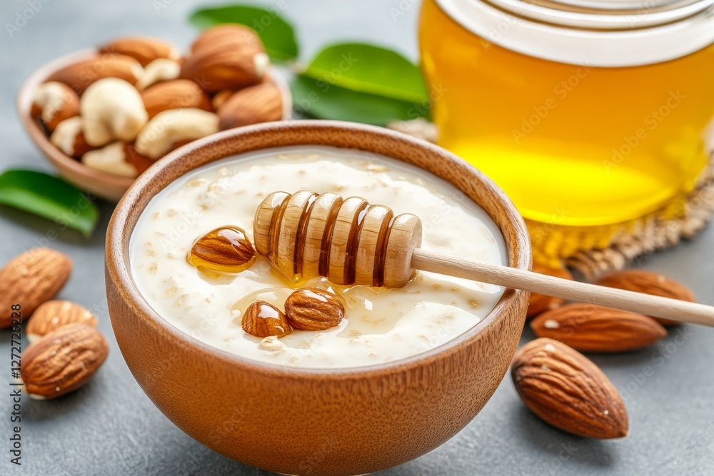 A cereal bowl filled with oats, nuts, and honey, showing a nutritious high-carb breakfast A cereal bowl filled with oats, nuts, and honey, showing a nutritious high-carb breakfast