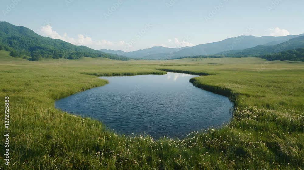 Serene mountain lake, green meadow, sunny day, nature background, travel poster Serene mountain lake, green meadow, sunny day, nature background, travel poster
