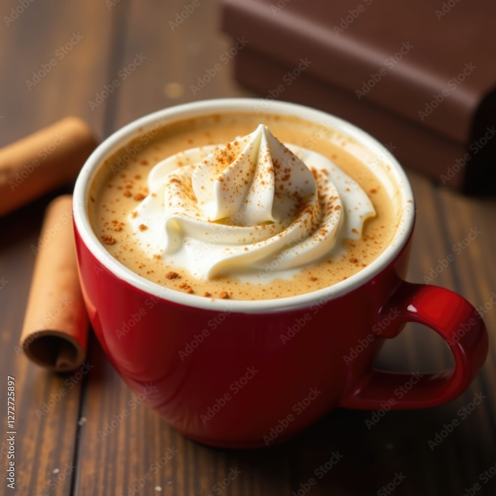 Whipped cream and cinnamon topped coffee in a red mug, cinnamon, warm Whipped cream and cinnamon topped coffee in a red mug, cinnamon, warm