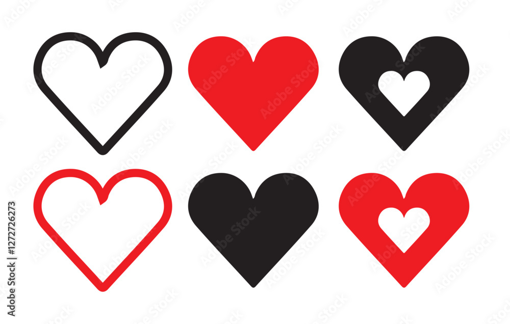 Love heart vector icon set. Red and black heart icons set. Heart icon. Different simple vector hearts and love. like button Heart, love, romance or valentine's day red heart. Vector illustration eps Love heart vector icon set. Red and black heart icons set. Heart icon. Different simple vector hearts and love. like button Heart, love, romance or valentine's day red heart. Vector illustration eps
