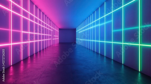 A vibrant hallway illuminated by pink and blue neon lights  creating a futuristic and immersive atmosphere.
