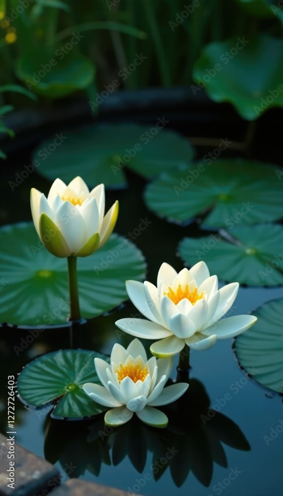 White lotus flowers and water lilies in a shallow pool with stone surround, stone, water lily White lotus flowers and water lilies in a shallow pool with stone surround, stone, water lily