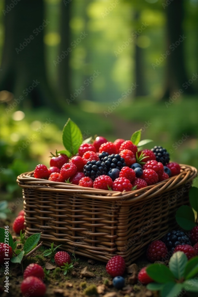 Wicker box overflowing with fresh wild berries, forest gift, woodland delight Wicker box overflowing with fresh wild berries, forest gift, woodland delight