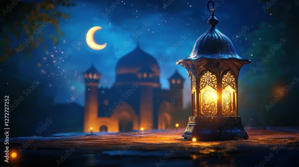 Illuminated lantern in front of a mosque at night. (1) Illuminated lantern in front of a mosque at night. (1)