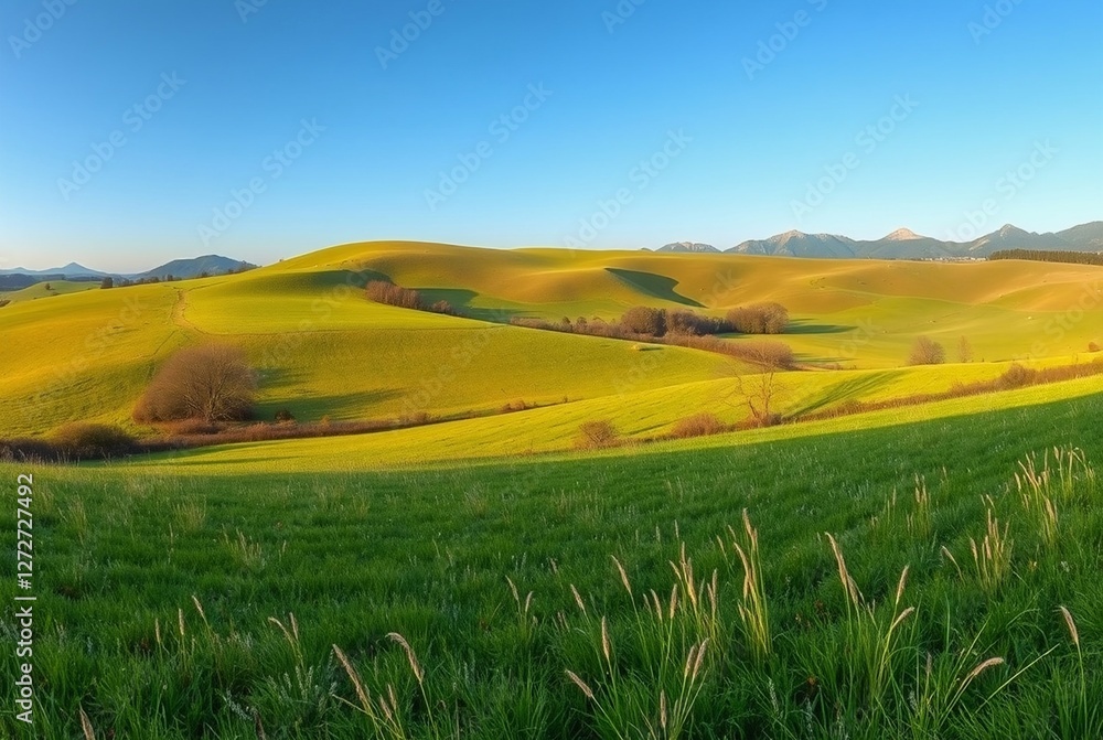 Fototapeta premium Vast Green Hills Under Clear Blue Sky at Sunrise