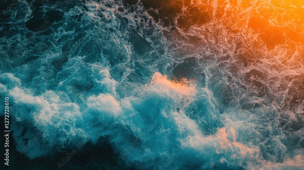 Fototapeta premium Aerial view of ocean waves illuminated by sunset colors.