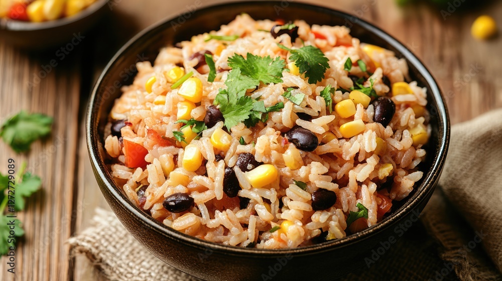 A bowl of mixed rice with black beans, corn, and herbs A bowl of mixed rice with black beans, corn, and herbs