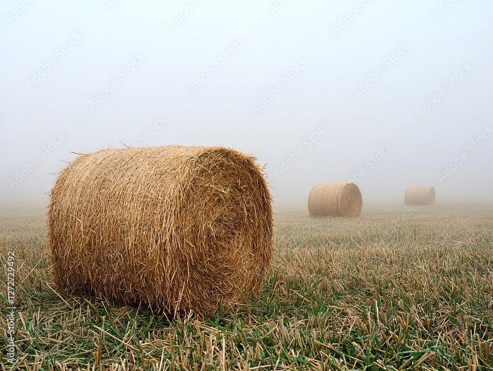 Foggy landscape with straw bales in a field, creating a serene rural atmosphere Foggy landscape with straw bales in a field, creating a serene rural atmosphere