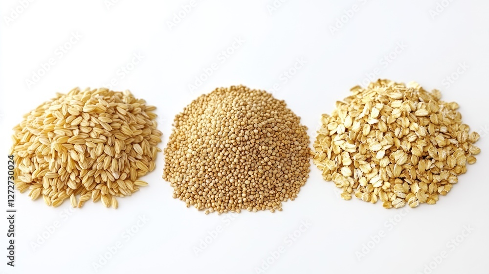 A collection of healthy whole grains such as brown rice, quinoa, and oats A collection of healthy whole grains such as brown rice, quinoa, and oats