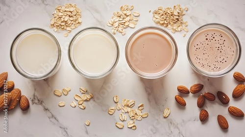 A dairy-free alternative lineup including almond milk, soy milk, and oat milk