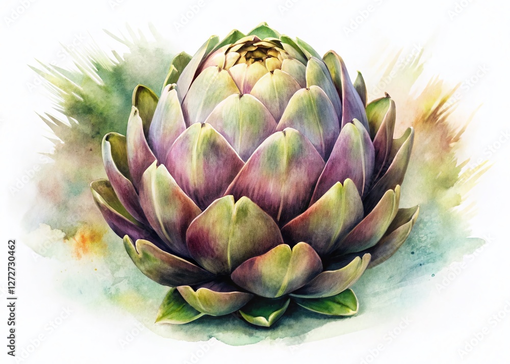 Watercolor Artichoke Double Exposure: Hand-Drawn Botanical Illustration on White Background Watercolor Artichoke Double Exposure: Hand-Drawn Botanical Illustration on White Background